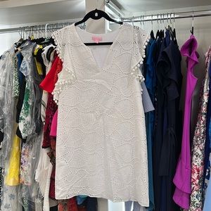 Lilly Pulitzer Astara White Leaf Eyelet Dress Small Resort White Pom Pom